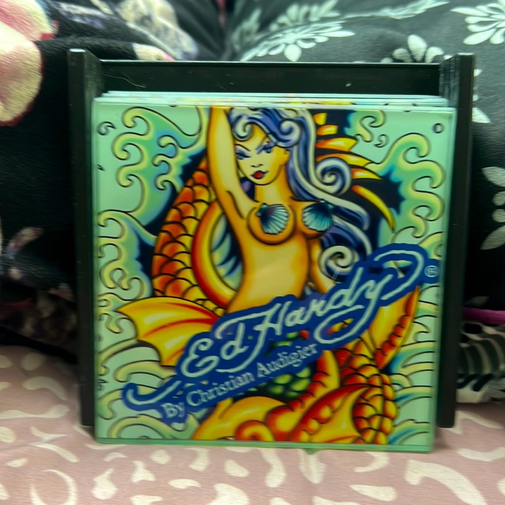 Ed Hardy Christian Audigier Ocean/ Mermaid/ tattoo themed Glass 4"x4" Coasters